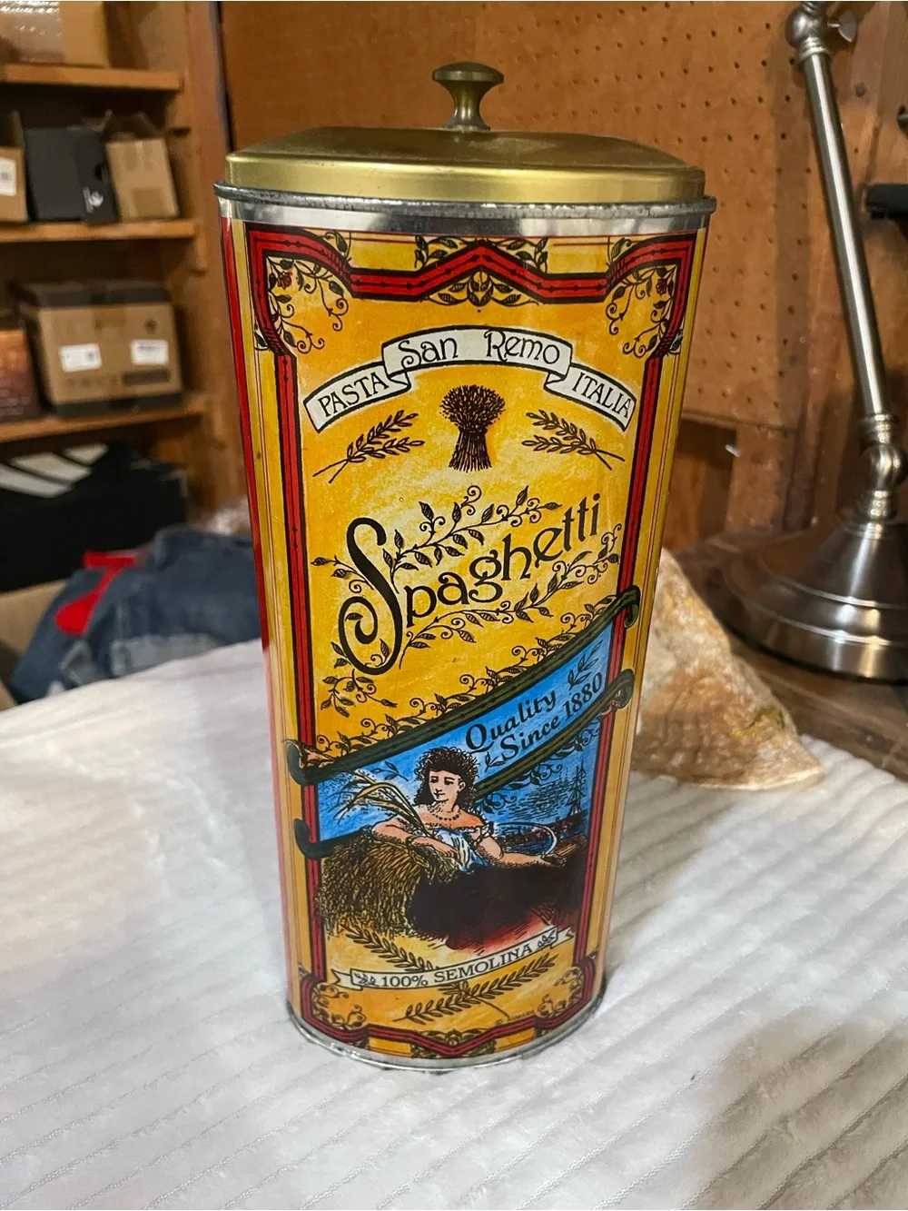 Vintage PastaTIN LITHO Metal Can SAN REMO Spaghetti Semolina Advertising 11.5”